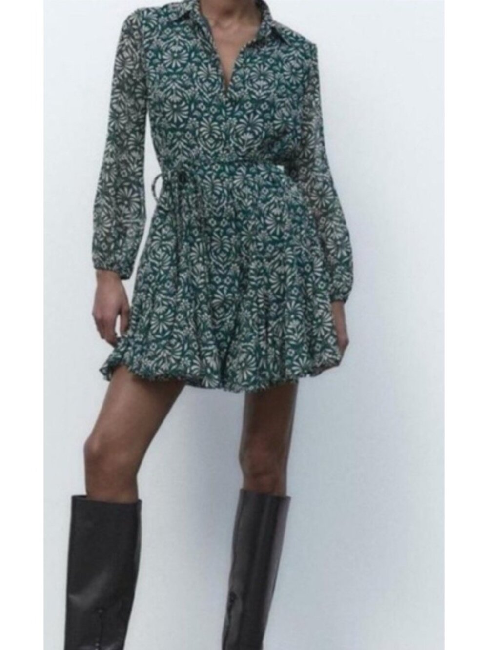 Zara Women Green Skater Mini Dress Floral Lined Small Shear Sleeve Belt Flounce